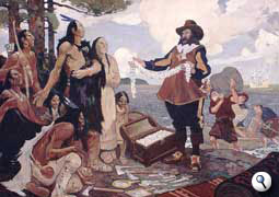 Samuel de Champlain trades goods with the Natives