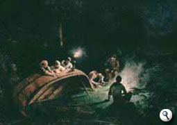 Campfire at night, by F. A. Hopkins 
