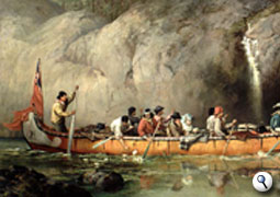 Canoe manned by voyageurs passing a waterfall, Ontario, by Francis Anne Hopkins 