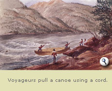 Voyageurs pull a canoe using a cord.