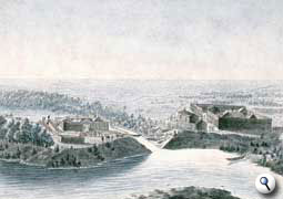 Vue de deux forts de la CBH fusionnÃ©e, colonie de la riviÃ¨re Rouge, 1822.
